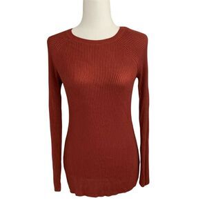 Cupio Ribbed Sweater Top Knit Long Sleeve Women's Pullover Medium Rust Orange
